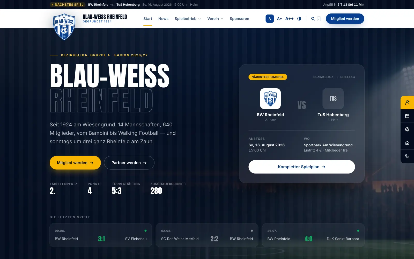 Dieselbe Vereinsseite nach dem Redesign: Flutlicht-Aufmacher, Anzeigetafel mit dem nächsten Spiel, klare Navigation