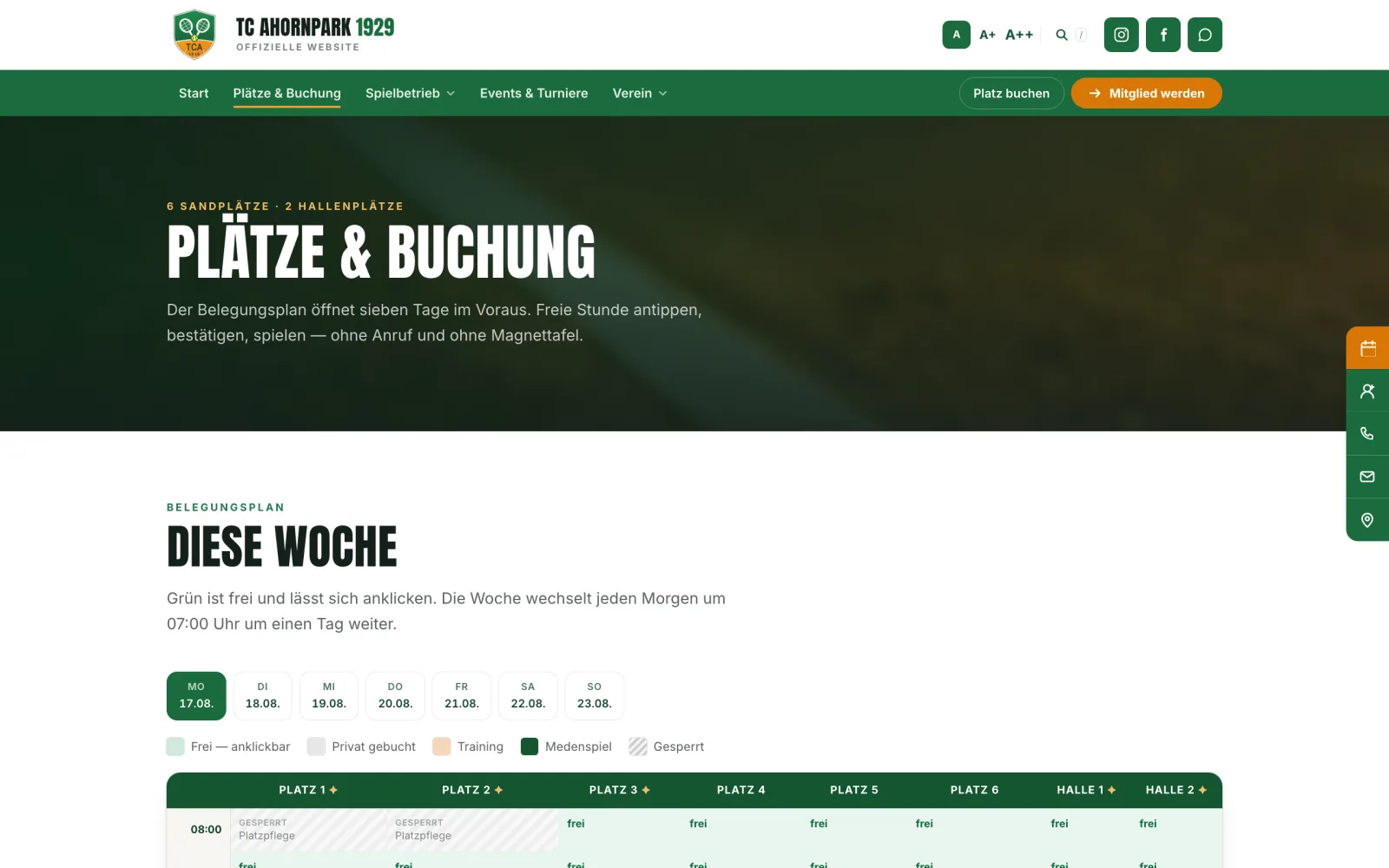 Belegungsplan der Demo-Website des TC Ahornpark 1929