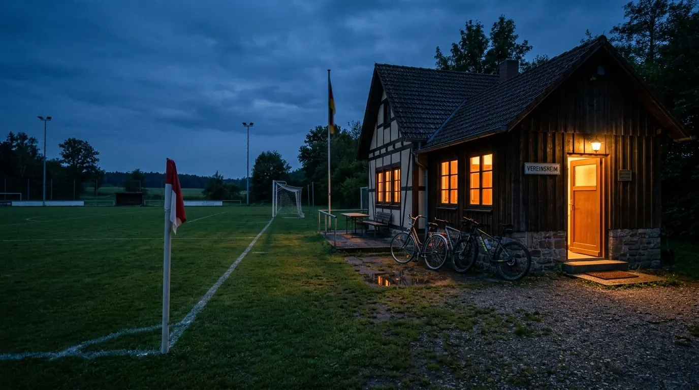 Vereinsheim am Sportplatz in der Abenddämmerung